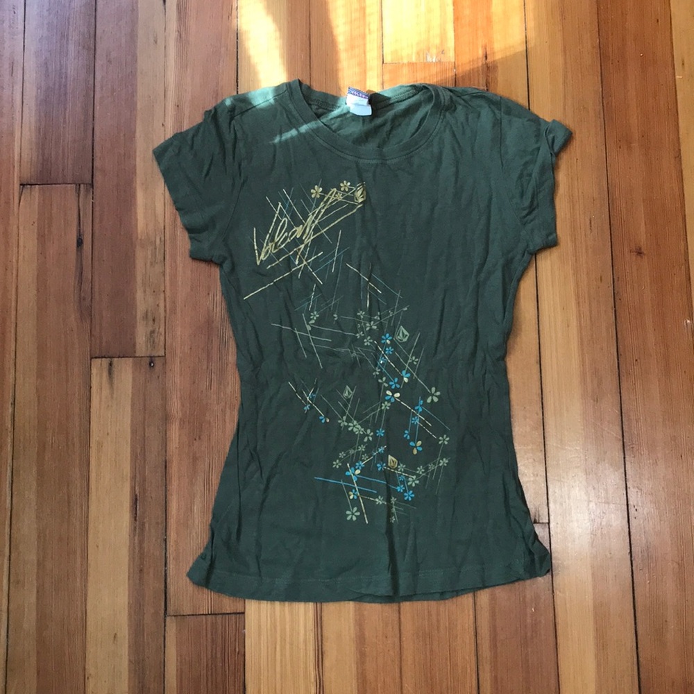 Y2K Volcom PacSun Olive Cap-Sleeved Graphic Tee